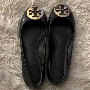 Tory Burch Black Leather Flats with Gold Emblem